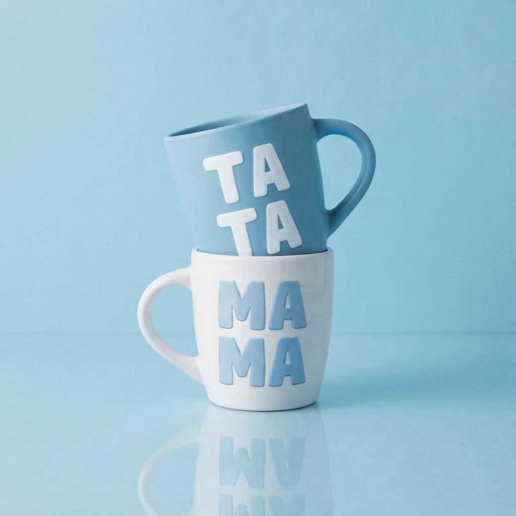 Plava i bela šolja sa natpisima Tata i Mama